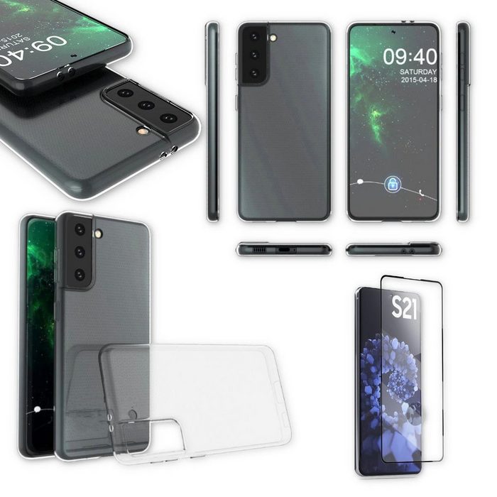 Wigento Handyhülle Für Samsung Galaxy S21 G991B Silikoncase TPU Transparent + 0 3 4D Full Curved H9 Glas Handy Tasche Hülle Schutz Cover