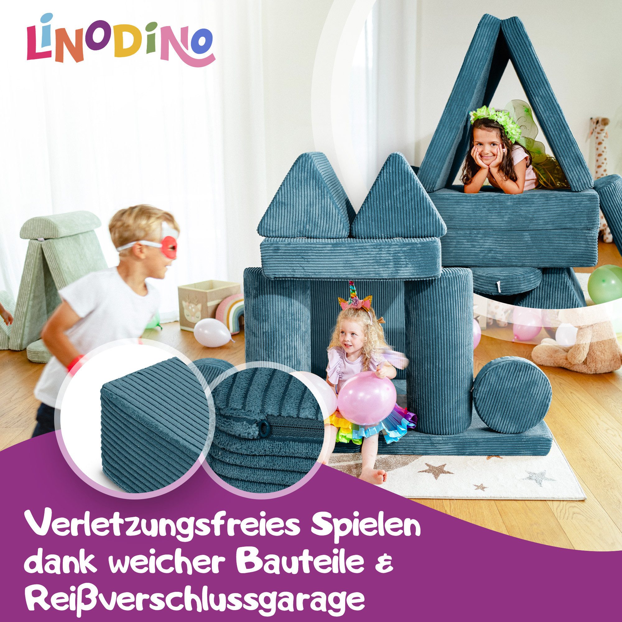 Linodino Kindersofa Spielsofa I Schaumstoff Stapelsteine für Kinder I Kindercouch, 3 Jahre Garantie