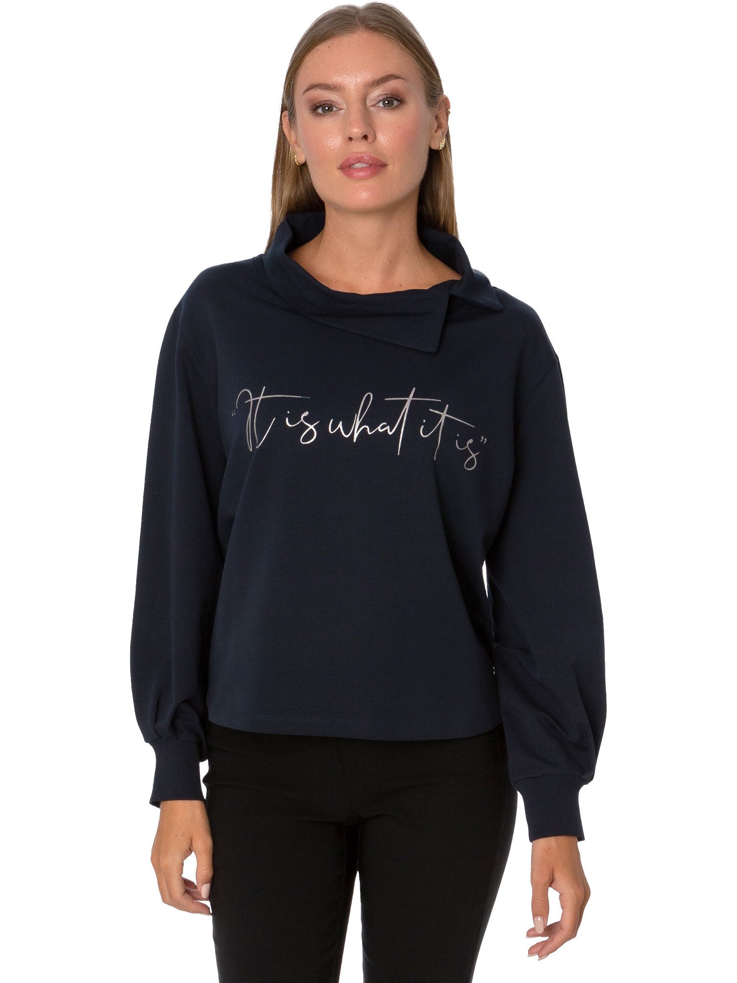 Gio Milano Schalkragenpullover G29-1120, Pullover it is what it is mit asymmetrischen Kragen