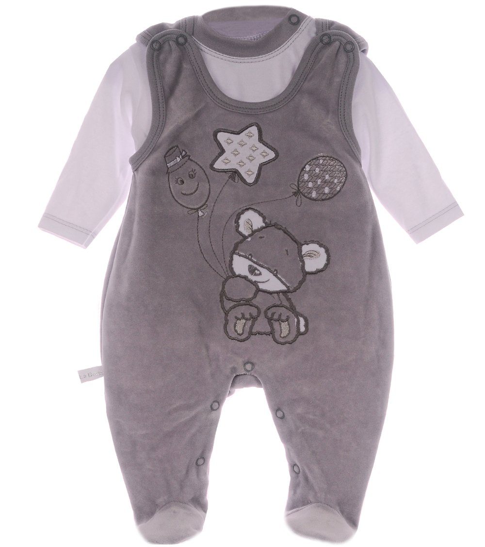 Strampler Stramplerhose aus Velours und Shirt Baby Anzug in Grau mit Bärchen