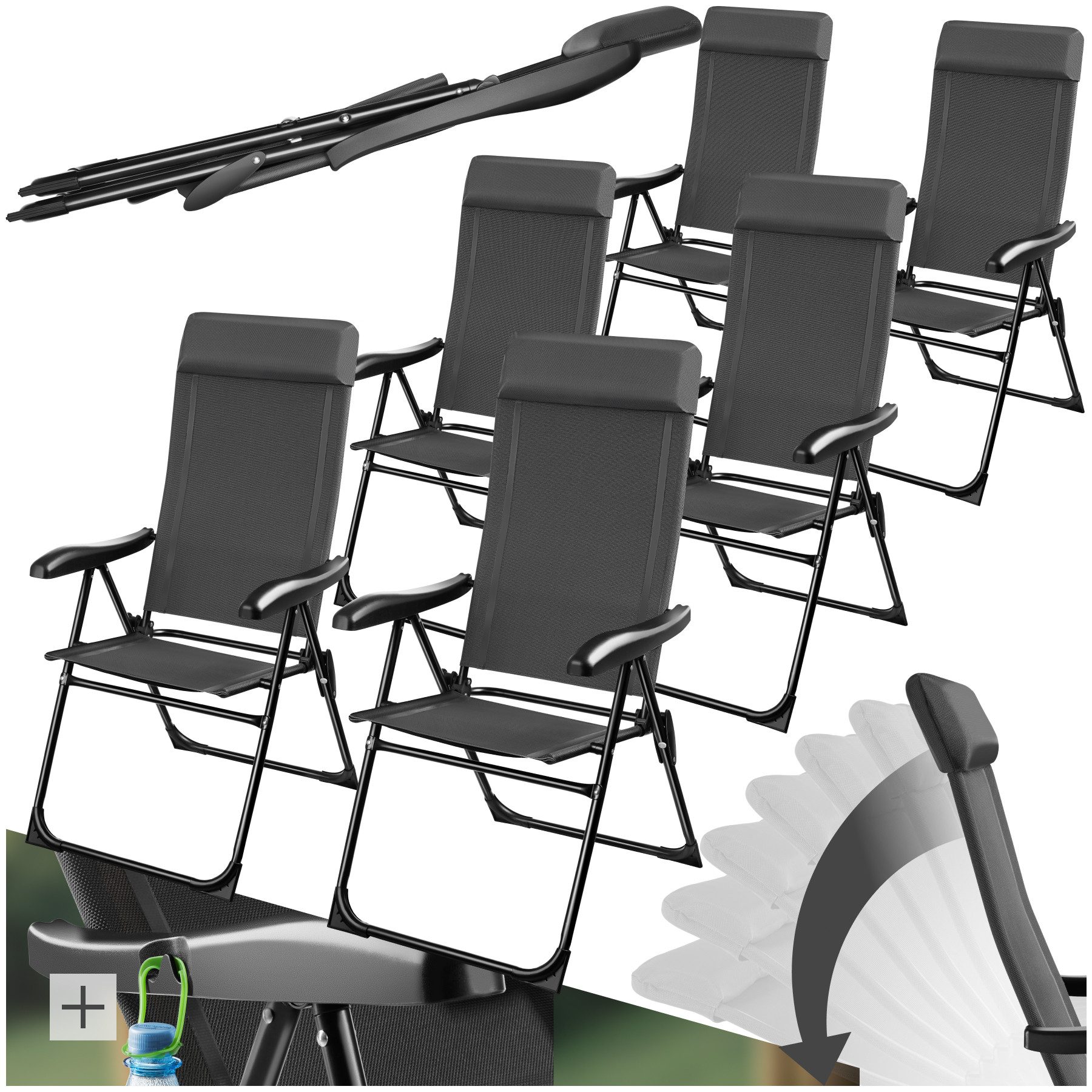 tectake Campingstuhl Faltbarer Aluminium Gartenstuhl mit Kopfpolster, 57 x 65 x 112 cm (Outdoor Klapptstuhl Müritz für Außen in Anthrazit, 6 St), Textilene-Gewebe, wetterfest und UV-beständig, Belastbarkeit 120 kg