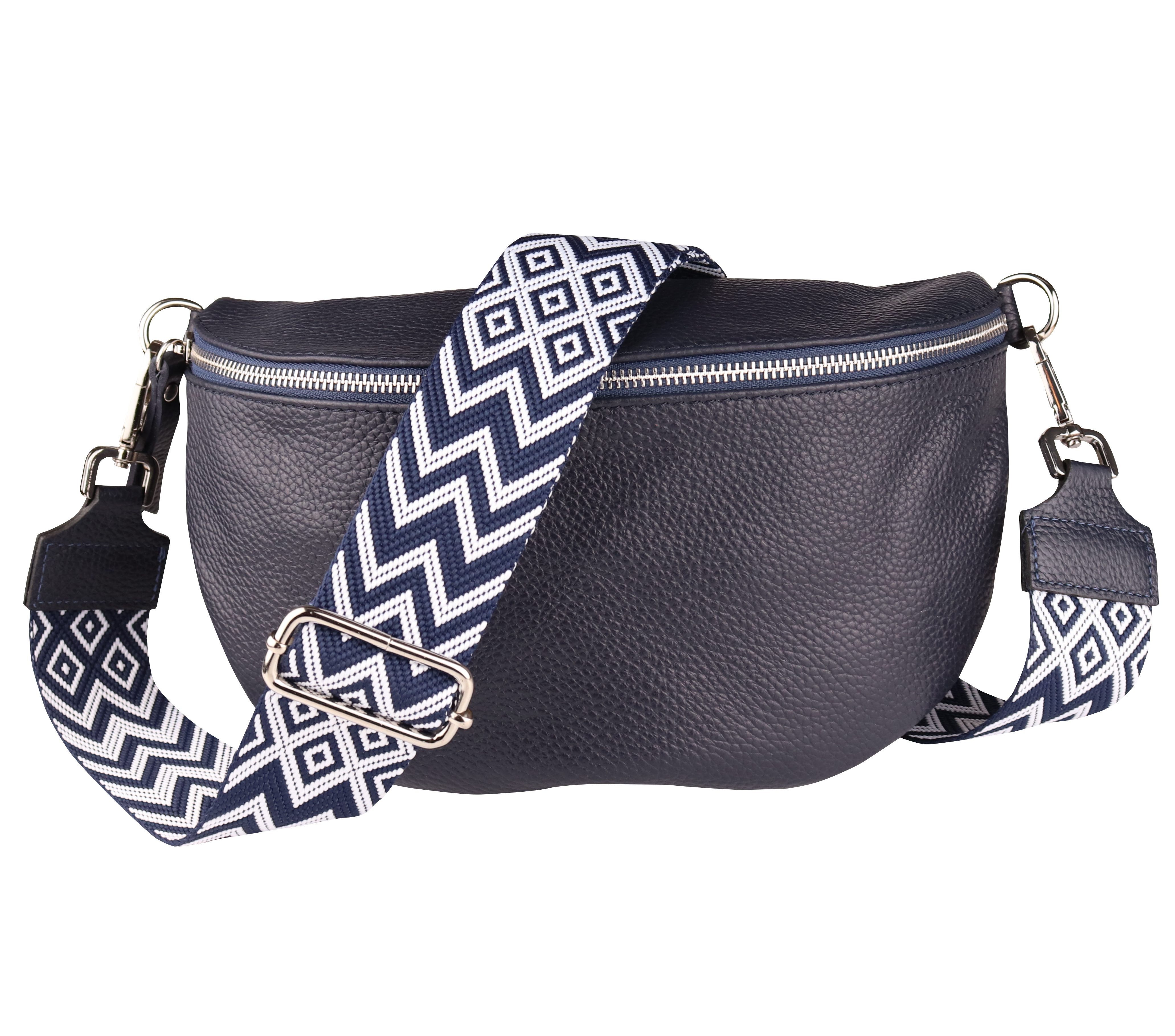 MIRROSI Bauchtasche Damen, Echtleder, Made in Italy, Umhängetasche, Brusttasche, (Schultertasche für jeden Anlass (1 Tasche & 2 Gurte), Crossbody Bag, Navy, gemusterten& verstellbaren Schulterriemen