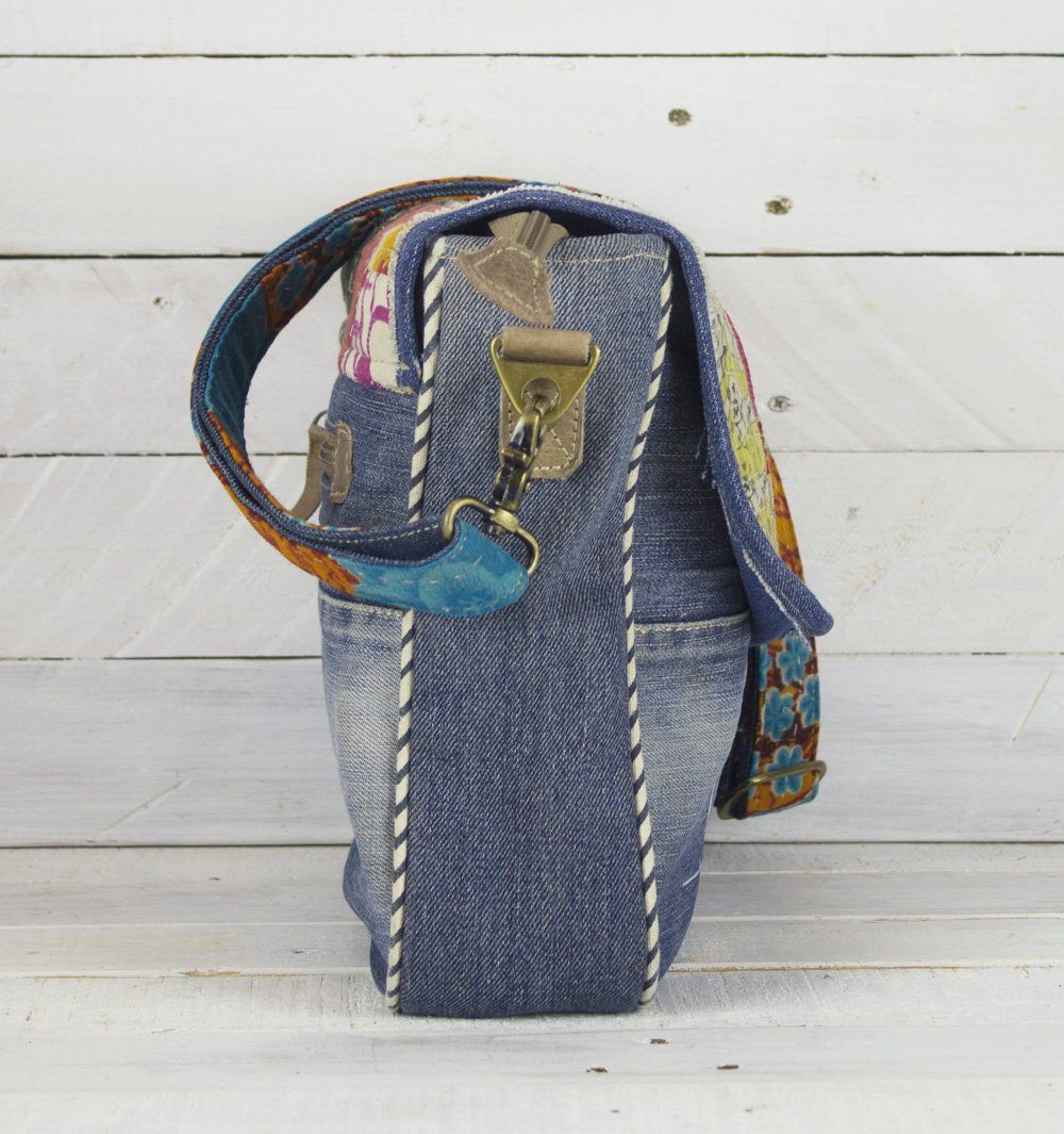 Sunsa Umhängetasche Upcycling Messenger Tasche Recycling Sari & Jeansstoff Jeanstasche, verstell- und abnehmbarer Schultergurt, recycelter Sari & Jeansstoff