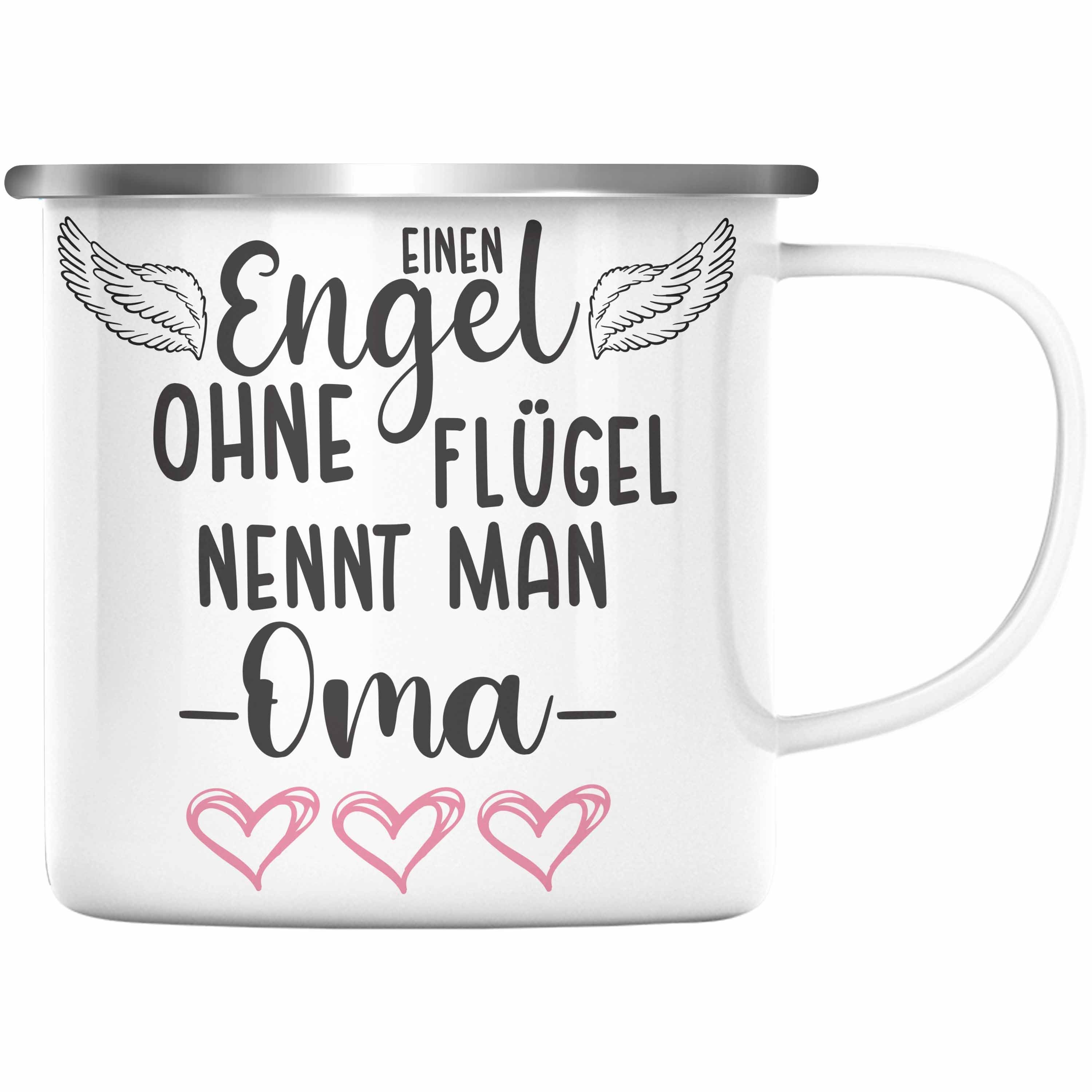 Trendation Thermotasse Trendation - Einen Engel Ohne Flügel Nennt Man Oma Emaille Tasse Geschenk Muttertag Spruch Großmutter Silber