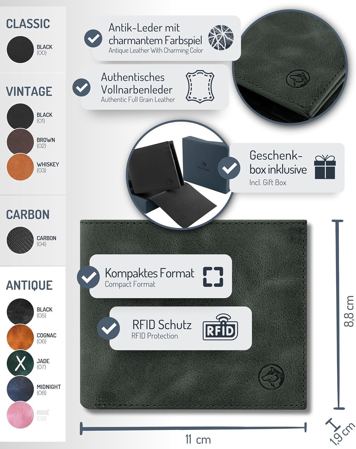 Wolfstrøm Geldbörse Herren Leder 'Nørge' – Tri-Fold Herren-Portemonnaie RFID-Blocker (NØRGE STANDARD: B-11 x T-1,9 x H-8,8 cm - Platz für 6 Karten & Scheine bis 100 €, Design in Germany, Made in Europe, Handmade / Handgefertigt), Vollnarbenleder, Handarbeit