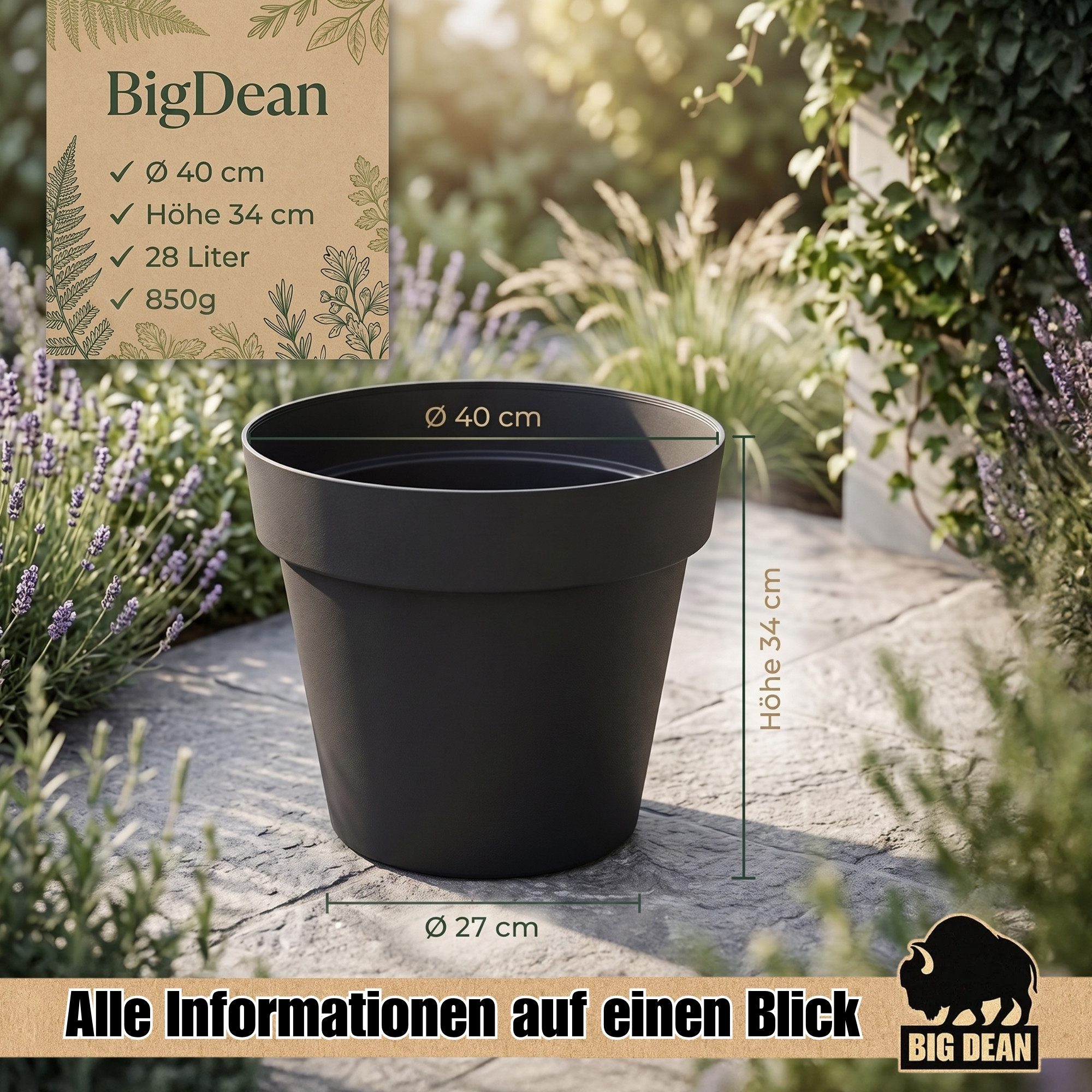 BigDean Blumentopf Pflanzkübel groß Anthrazit Classic mit integriertem Wasserspeicher (1 St), Wetterfester Kunststoff, Integrierter Zwischenboden