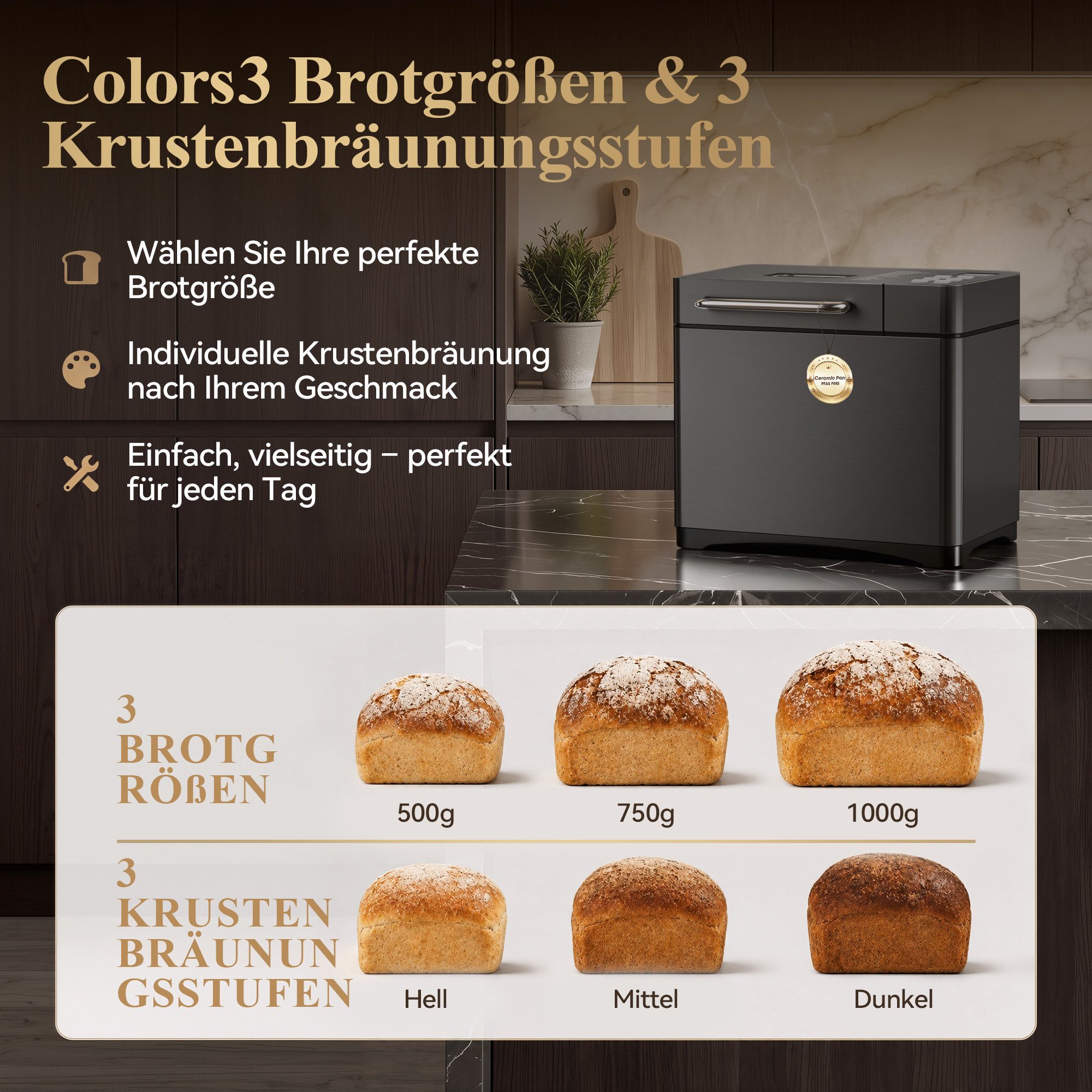 Furnicopia Brotbackautomat 19-in-1 Brotbackautomat, 1kg, Edelstahl, Timer, automatische Beigabe, 19 Programme, 710 W, 19 Programme, 3 Krustenfarben 3 GroBen,Ker – Bild 5 von 5
