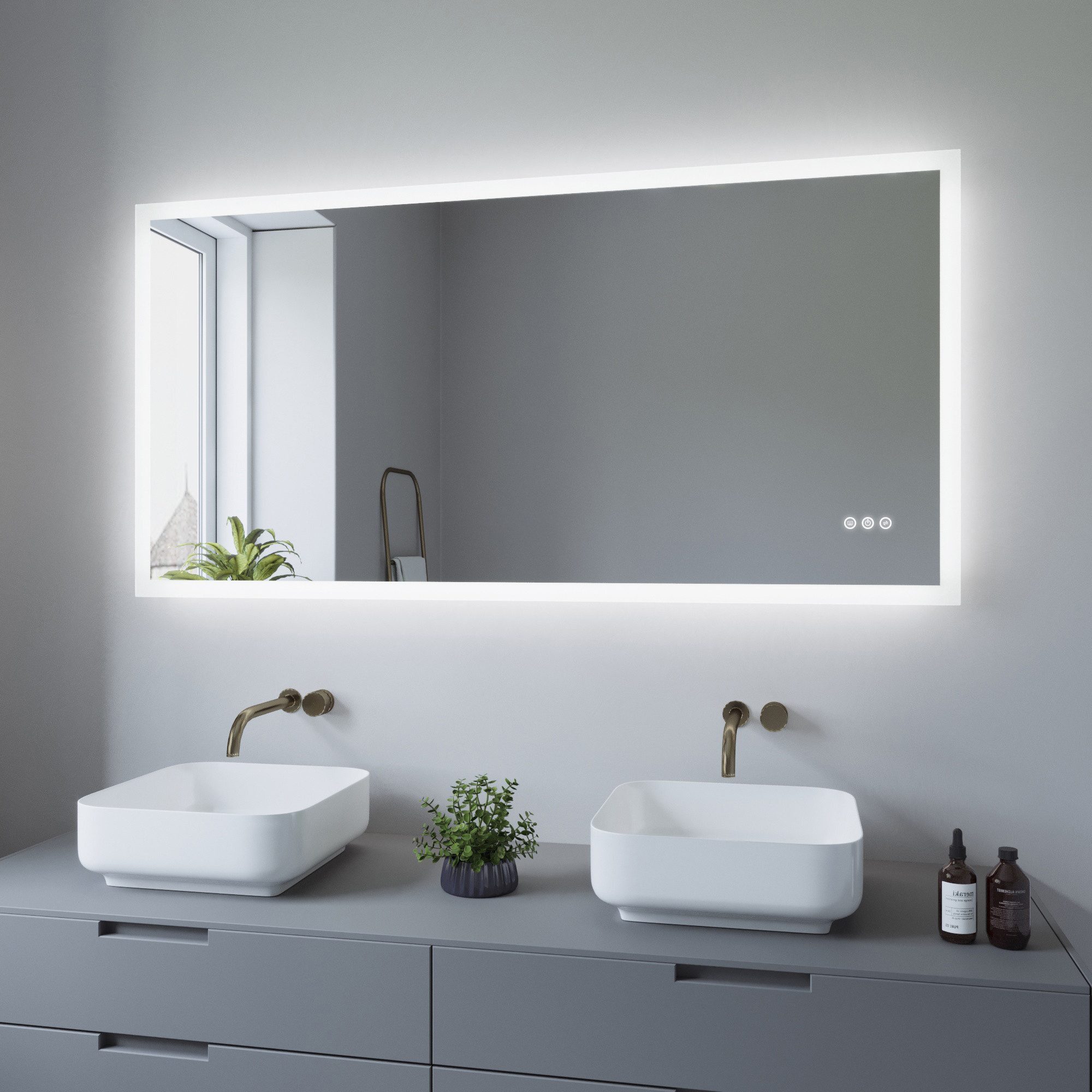 AQUALAVOS Badspiegel LED Badspiegel 140x70 cm Großer Badezimmer Wandspiegel mit Beleuchtung, 6400K Kaltweiß & Warmweiß 3000K, Energiesparend, Touchschalter