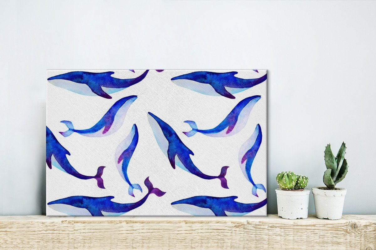 OneMillionCanvasses® Walen einem Leinwandbilder, (1 einem Leinwandbild Aufhängefertig, auf Wanddeko, 30x20 blauen mit Illustration von weißen, Muster St), cm Wandbild