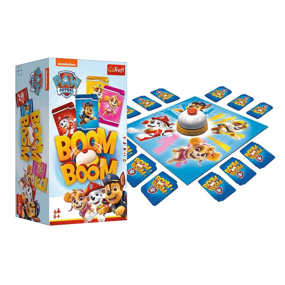 Trefl Spiel Reaktionsspiel Geschicklichkeitsspiel Familienspaß, Boom Boom Paw Patrol, Reaktionsspiel mit Glocke, 56 Karten, Paw Patrol