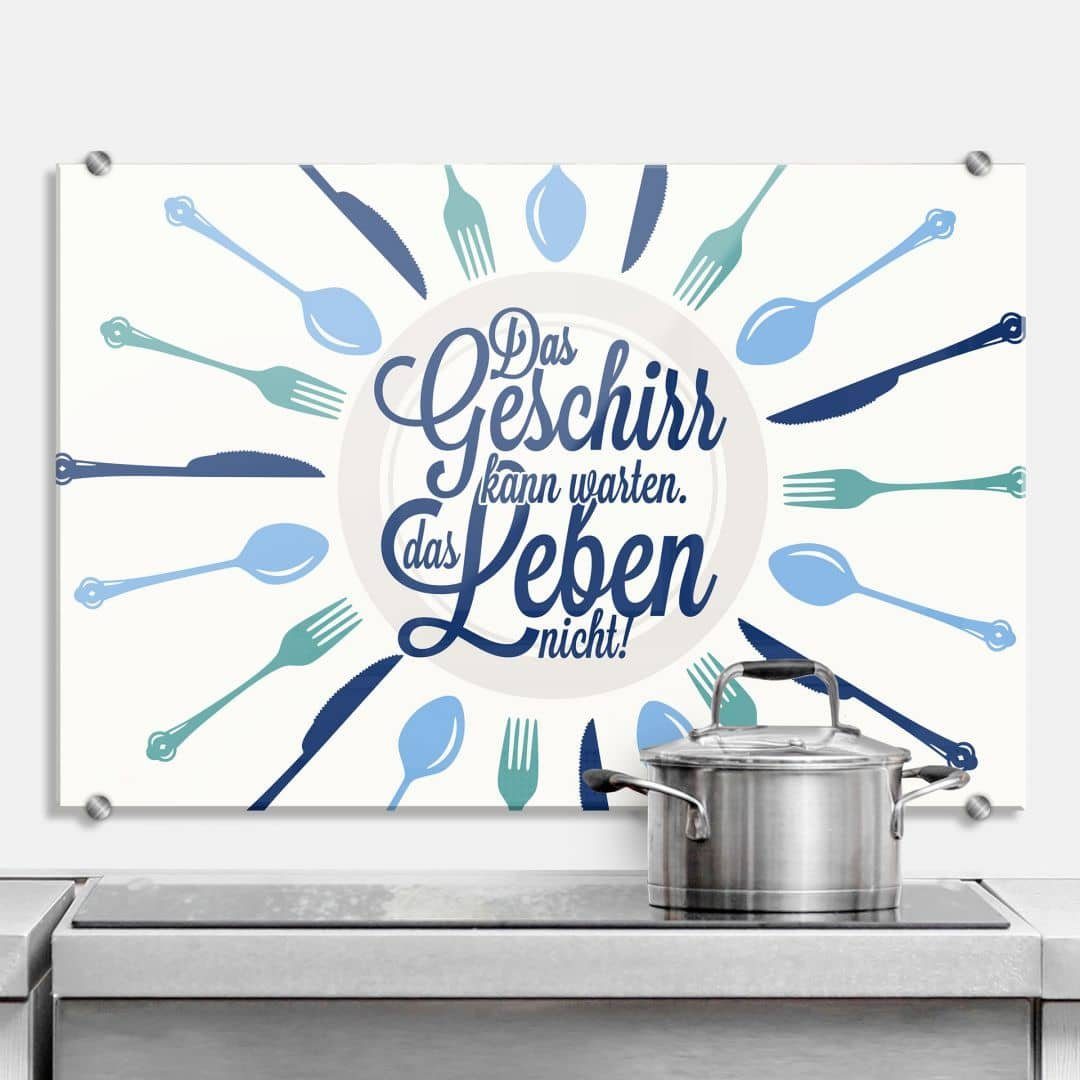 K&L Wall Art Spritzschutz Küche lustiger Schriftzug Geschirr kann warten Leben nicht