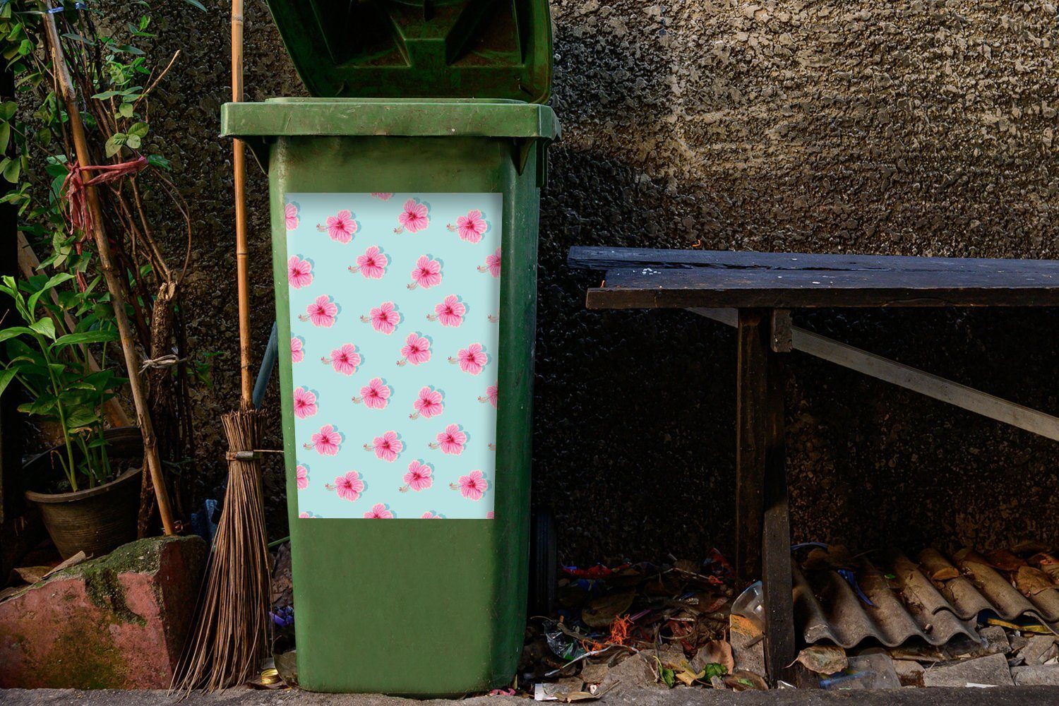 Mülltonne, Sommerlich Container, St), Rosa Abfalbehälter Blumen - Blau Mülleimer-aufkleber, MuchoWow (1 - Sticker, - Wandsticker