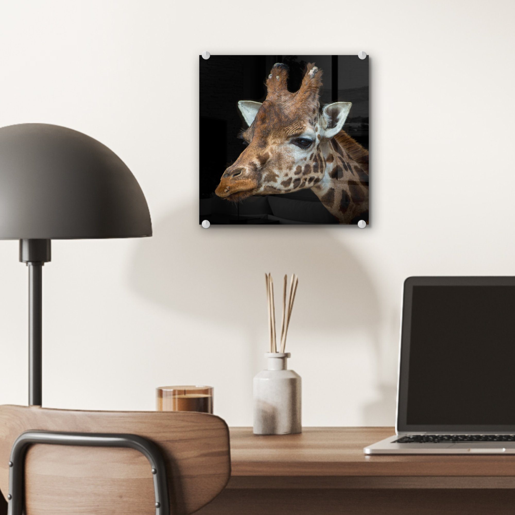 - - Glasbilder Wanddekoration Bilder einer Porträt Wandbild MuchoWow Giraffe Glas schwarzem Foto auf St), - (1 auf Glas auf Acrylglasbild Hintergrund,