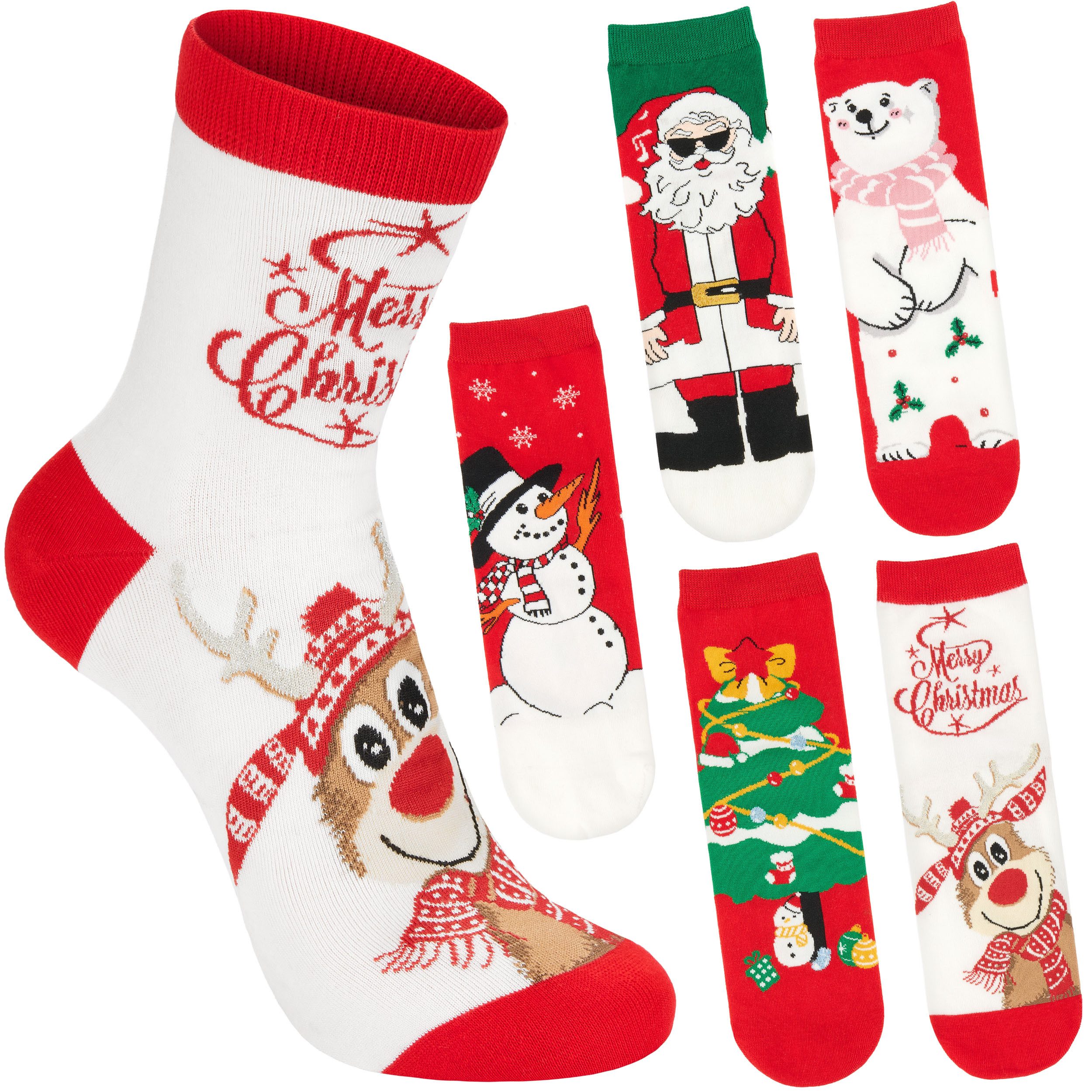 BRUBAKER Socken Damen Weihnachtssocken - Weihnachtsmann, Eisbär und Weihnachtsbaum (Bunte Baumwollsocken für Frauen - Geschenkset, 5-Paar, Kuschelsocken mit humorvollen Sockenmotiven) Lustige Damensocken für Weihnachten & Nikolaus