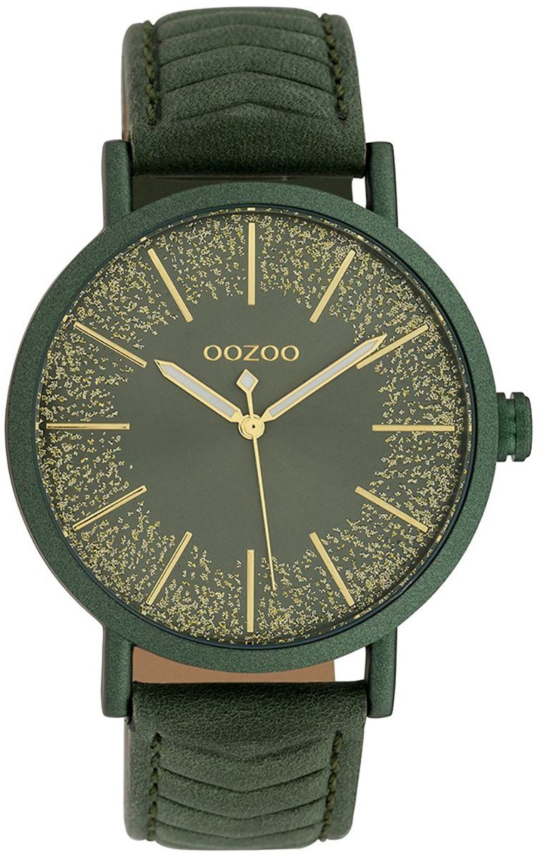 OOZOO Quarzuhr Oozoo Damen-Uhr grün gold, Damenuhr rund, groß (ca. 42mm), Lederarmband grün, Fashion