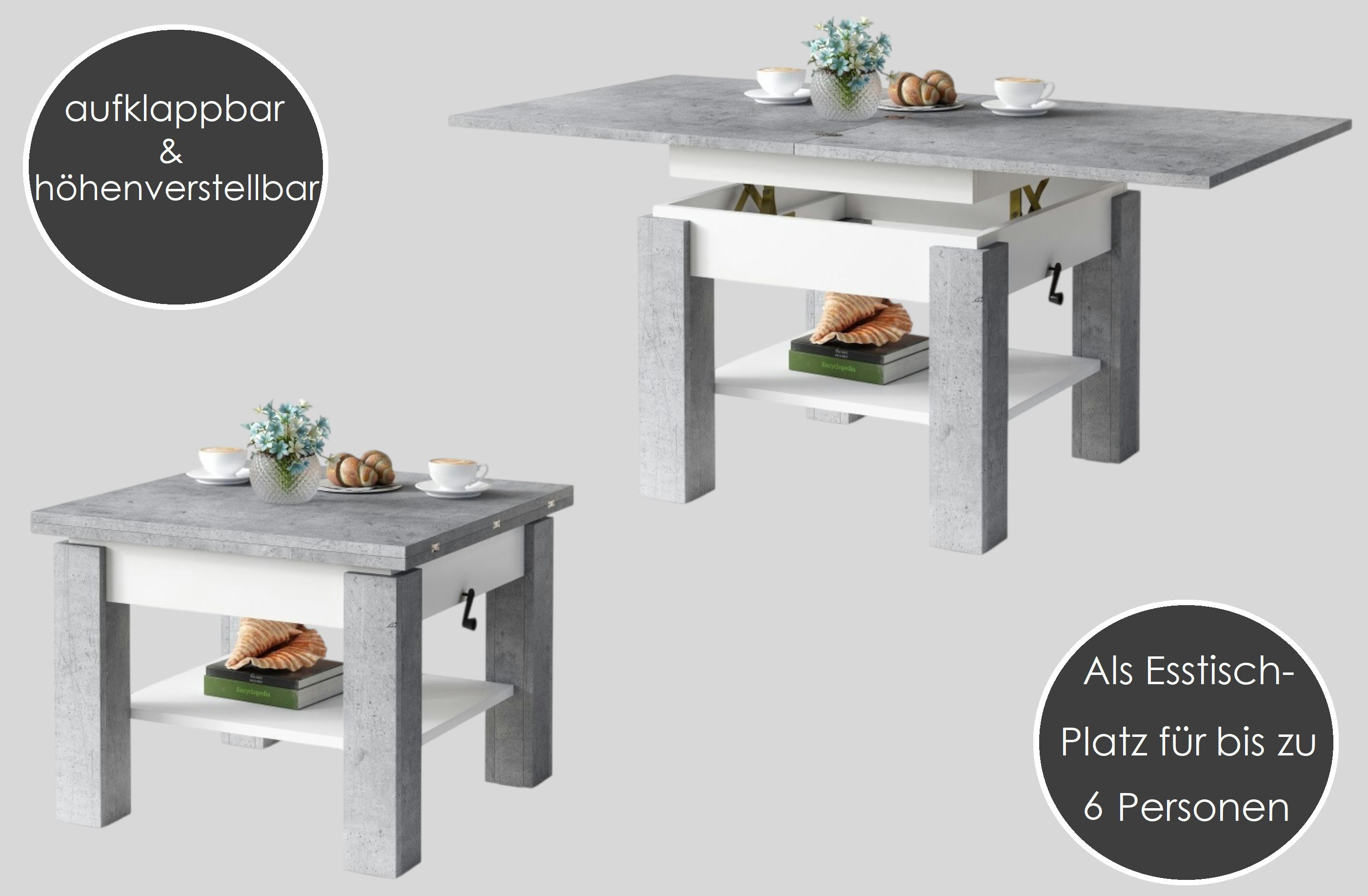 designimpex Couchtisch Design Couchtisch Cleo stufenlos höhenverstellbar aufklappbar Esstisch