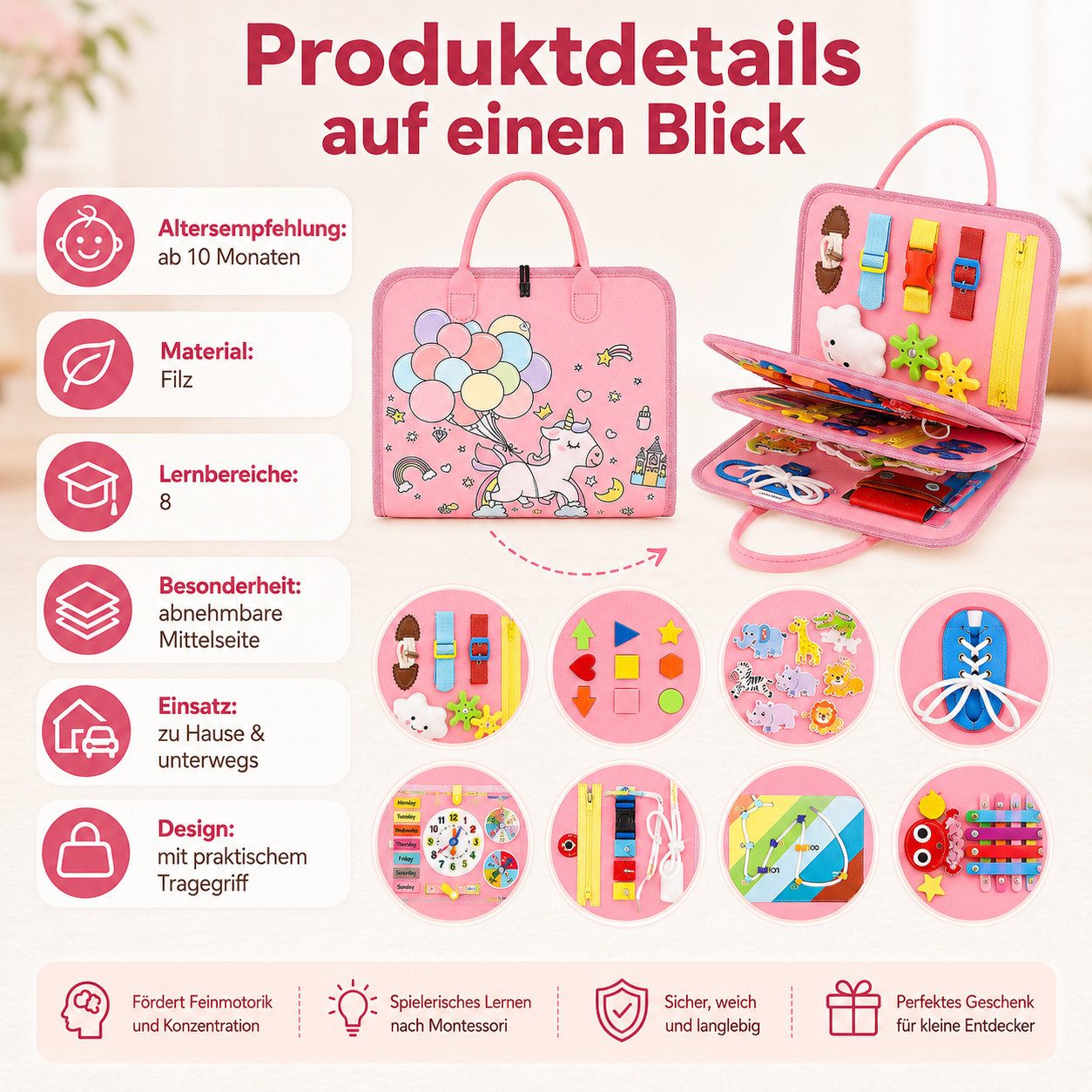 Fyrove Lernspielzeug Montessori Busy Board ab 10 Monaten, Filz-Lernspielzeug (Reißverschluss, Schnallen, Zahlen, Buchstaben, Formen, Uhr & Datum, tragbares Lern – Bild 3 von 5