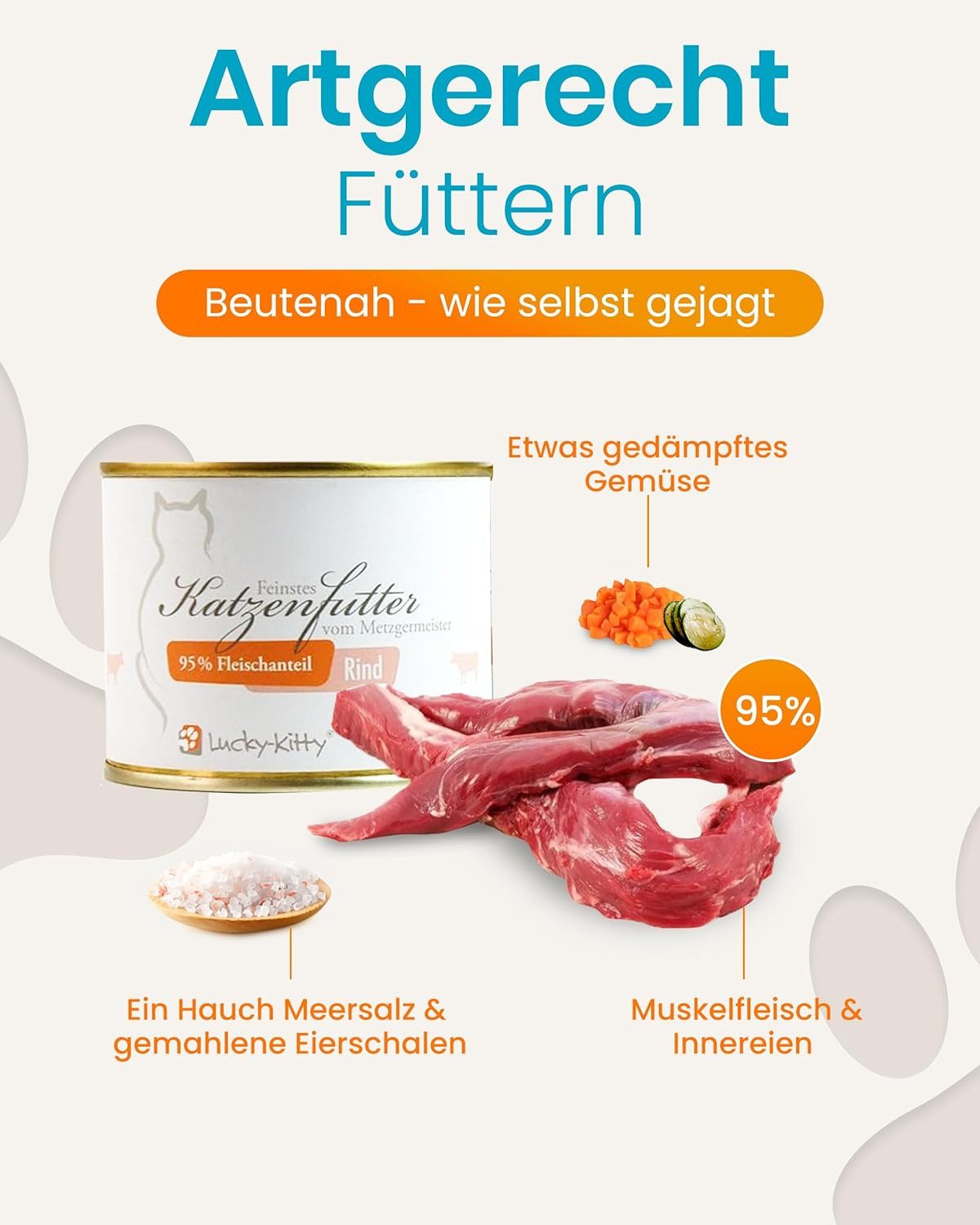 Lucky-Kitty Katzenfutter Rind, 95% Fleischanteil, getreidefrei, hypoallergen 4x200g, Nassfutter für: Katzen, frisches Rindfleisch in Metzgerqualität, zuckerfrei, Monoprotein