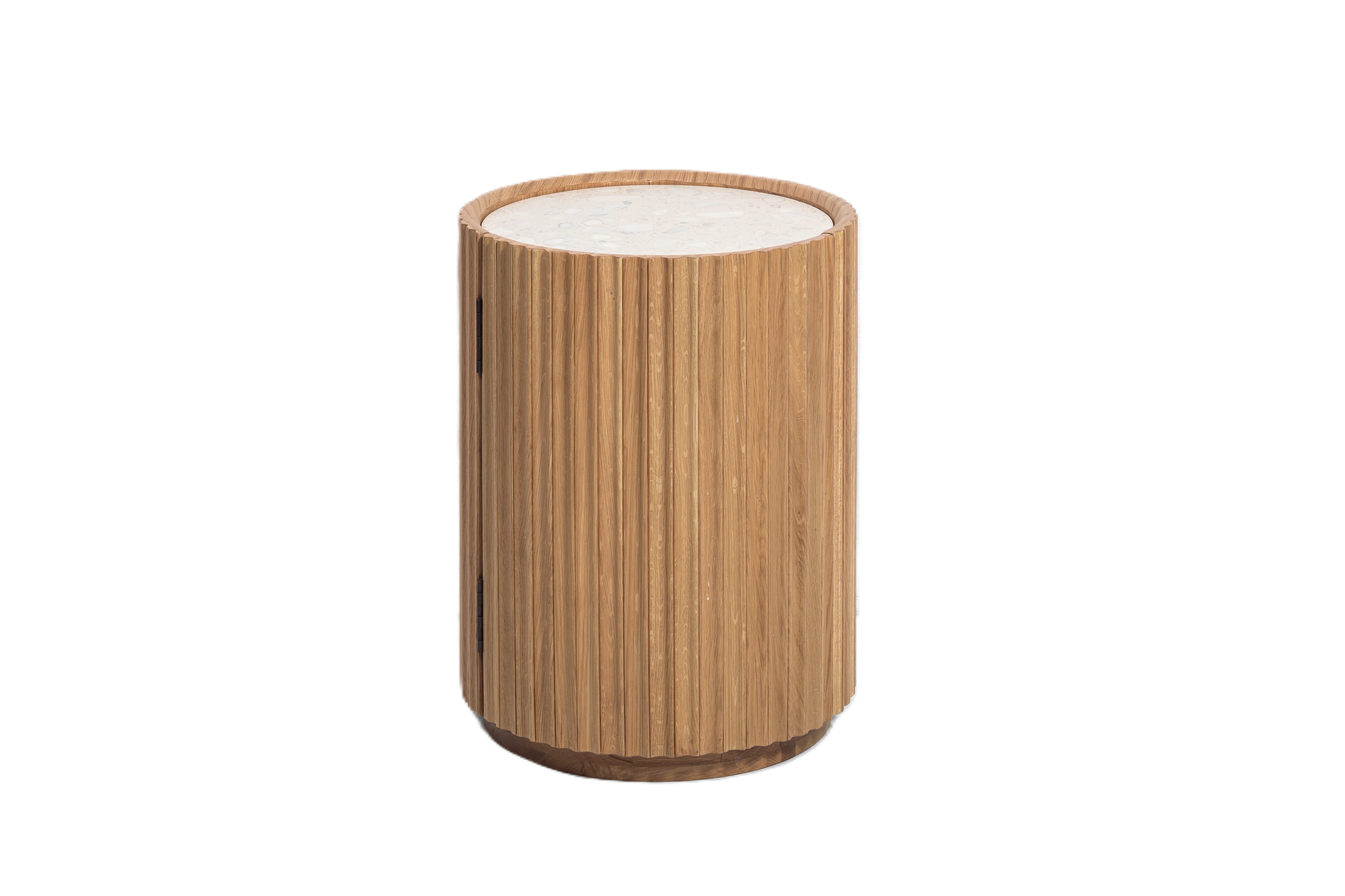 Woodek Design Nachttisch für Schlafzimmer Franz, runder Couchtisch aus massiver Eiche (Durchmesser: 42 cm, Höhe: 55 cm, 1-St., praktischer Stauraum), Beistelltisch mit Steinplatte