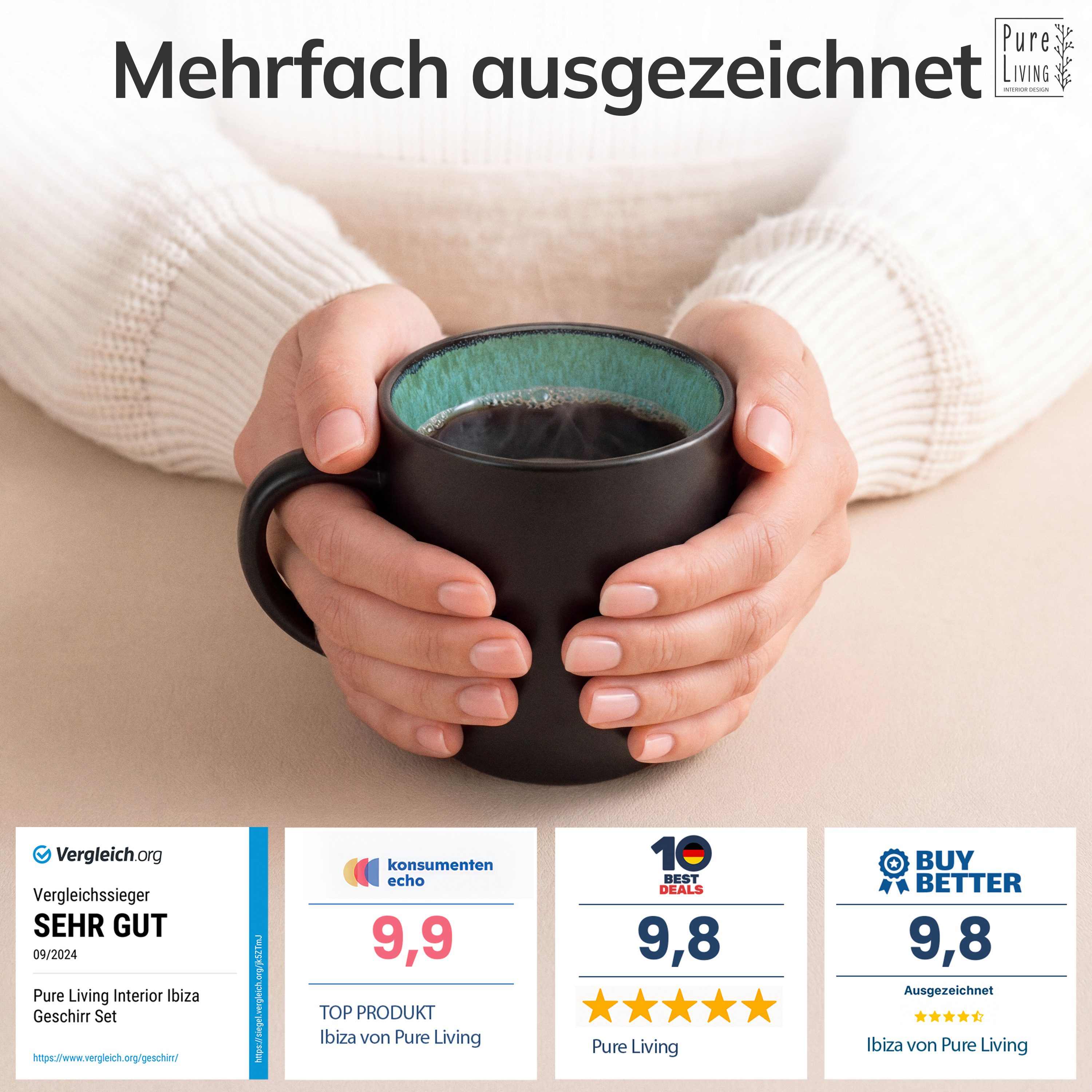 PURE LIVING INTERIOR DESIGN Geschirr-Set Ibiza Becher, 6er-Set, 350 ml, Salbeigrün, Steingut (6-tlg), 6 Personen, Steingut – Bild 3 von 5