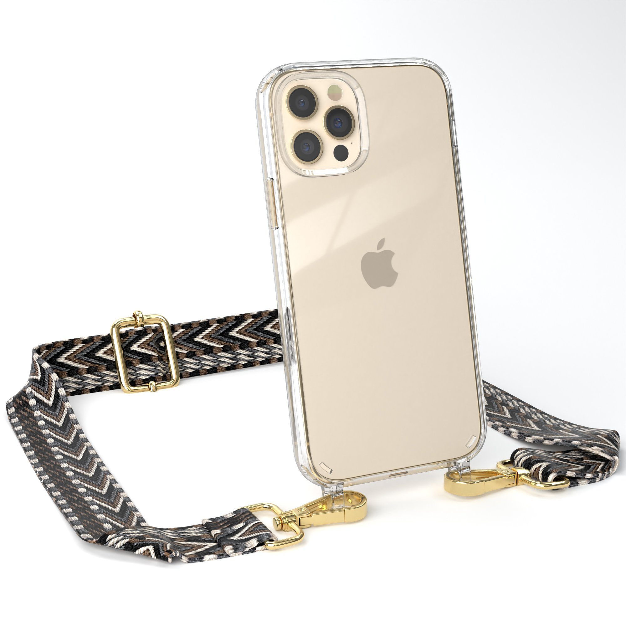 EAZY CASE Handykette Boho Umhängeband für iPhone 12 / iPhone 12 Pro 6,1 Zoll, Silicon Handyhülle mit breiter Kette modern Carabiner Necklace Grau