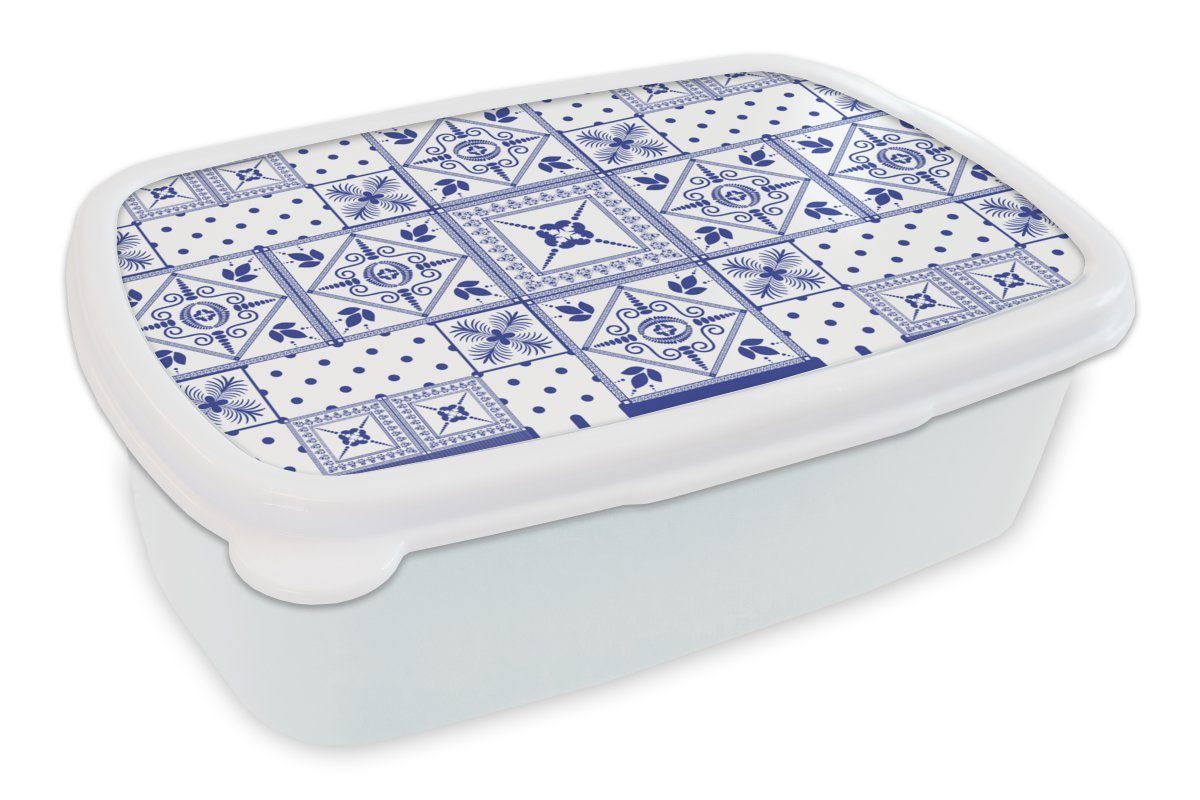 MuchoWow Lunchbox Fliesen - Muster - Delfter Blau, Kunststoff, (2-tlg), Brotbox für Kinder und Erwachsene, Brotdose, für Jungs und Mädchen weiß