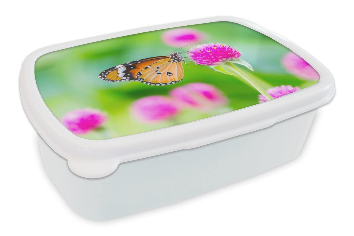 MuchoWow Lunchbox Landleben - Schmetterling - Distel - Blume, Kunststoff, (2-tlg), Brotbox für Kinder und Erwachsene, Brotdose, für Jungs und Mädchen weiß