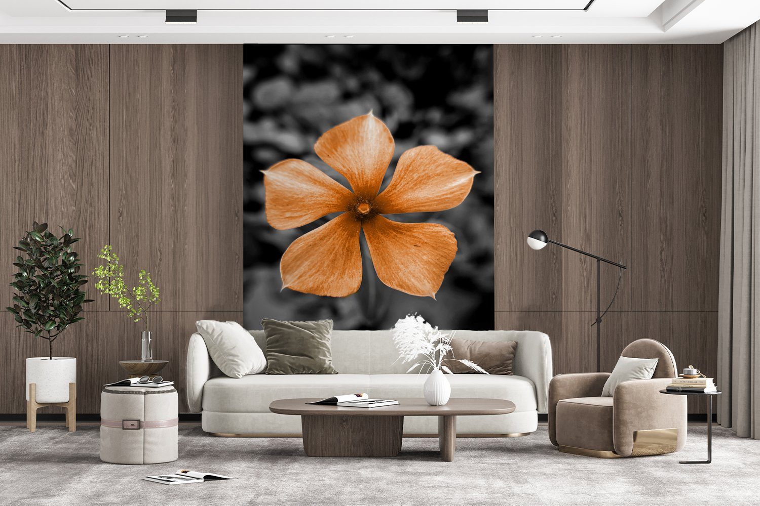 Matt, Wandtapete Orange bedruckt, Weiß, Vinyl Wohnzimmer, - Fototapete für Tapete St), - MuchoWow Blumen - Schwarz Montagefertig (3