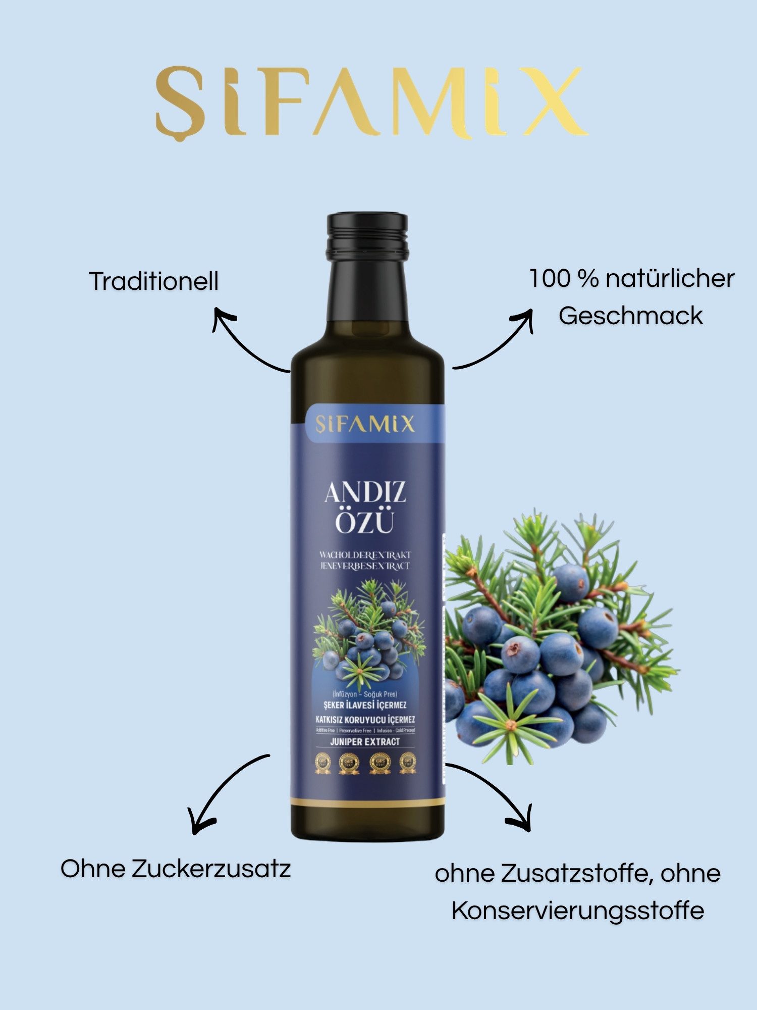 ADELSHOP Sirup Sifamix Reiner Wacholderextrakt, Kaltgepresst & Naturrein, 350ml, Kaltgepresst, ohne Zuckerzusatz, ohne Konservierungsstoffe