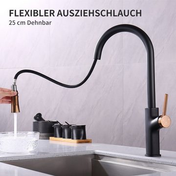 HOMELODY Küchenarmatur Wasserhahn Küche 2 Strahlart Spültischarmatur Hochdruck Mischbatterie Ausziehbar 360°-Drehbar mit Höhe-Bogenauslauf, Schwarz