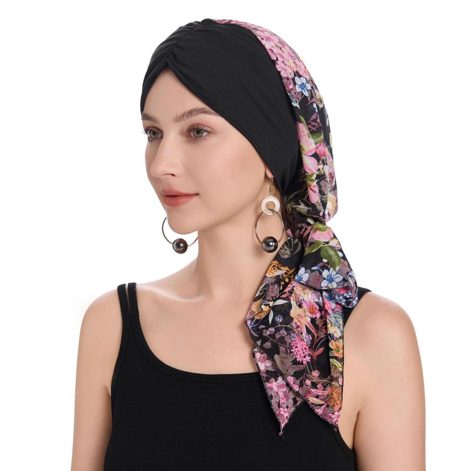 Turbanmütze Kopftuch Damen Turban Bedruckt Sommer Kopfbedeckung Floral Black