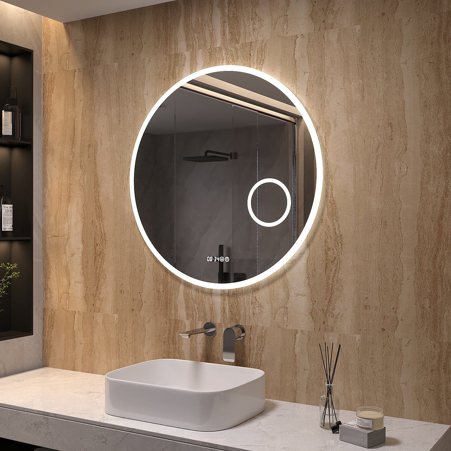 Digitaluhr LED Rund Beleuchtung, Wandspiegel Kaltweiß mit und AQUALAVOS Badspiegel cm Kosmetikspiegel 80 LED Vergrößerung Φ 6400K mit Badspiegel 3-Fach
