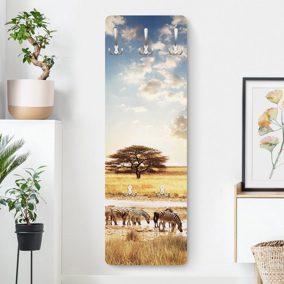 Bilderdepot24 Garderobenpaneel Design Natur Tiere Das Leben der Zebras  (ausgefallenes Flur Wandpaneel mit Garderobenhaken Kleiderhaken hängend),  moderne Wandgarderobe - Flurgarderobe im schmalen Hakenpaneel Design