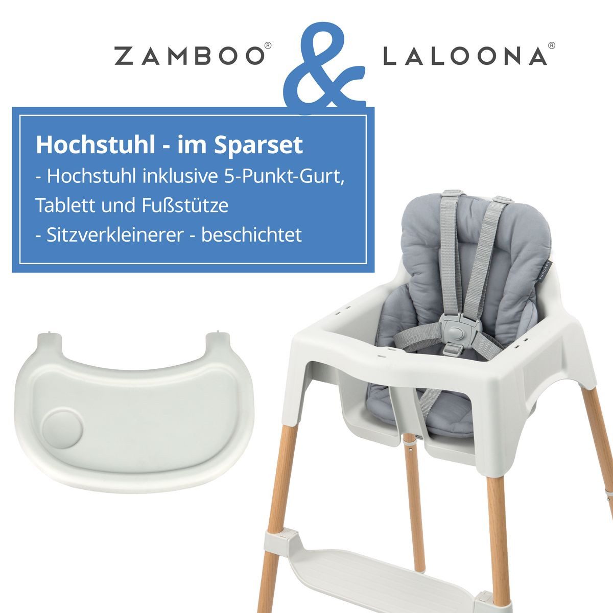 Zamboo Hochstuhl Grau, Baby Kinderhochstuhl ab 6 Monate, 3,5 kg leicht inkl. Sitzverkleinerer
