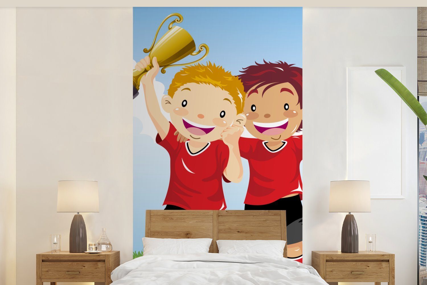 MuchoWow Fototapete Eine Illustration von zwei Fußballspielern, die einen Preis gewonnen, Matt, bedruckt, (2 St), Vliestapete für Wohnzimmer Schlafzimmer Küche, Fototapete
