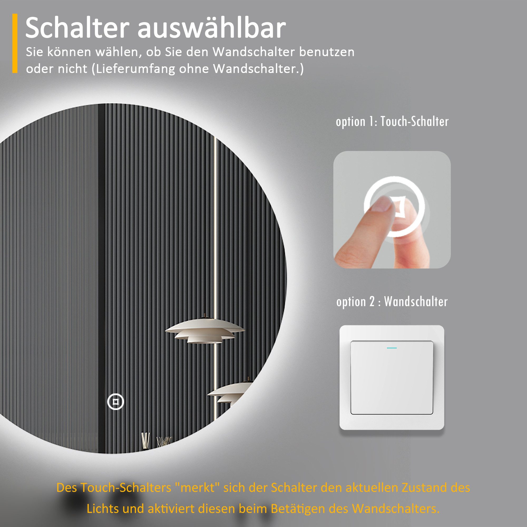 WDWRITTI Badspiegel Rund 80cm mit beleuchtung LED Spiegel Bad groß (Rundspiegel 80x80cm, 3Lichtmodi, Dimmbar, Speicherfunktion, Touch), LED Kosmetikspiegel – Bild 4 von 5