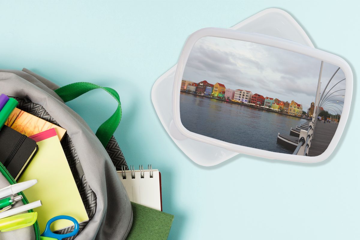 Blick Willemstad, mit Stadt Brotbox die Lunchbox für Kunststoff, Mädchen Erwachsene, Brücke MuchoWow auf für weiß (2-tlg), Kinder Brotdose, Jungs und Curaçao, und