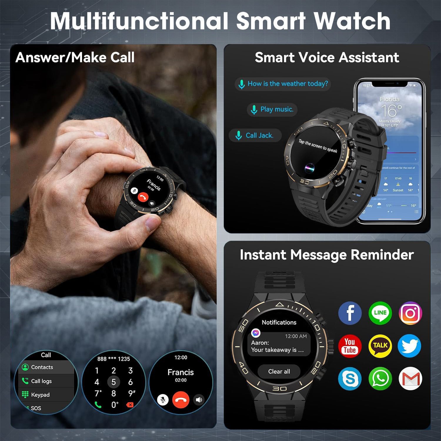 SWGOTA Smartwatch Herren Militär 1000mAh mit Herzfrequenz,Blutdruck,SpO2 Smartwatch (3.63 cm cm/1,43 Zoll), Schlafmonitor,100+ Sportmodi,2 Armbänder,Fitnesstrac – Bild 5 von 5