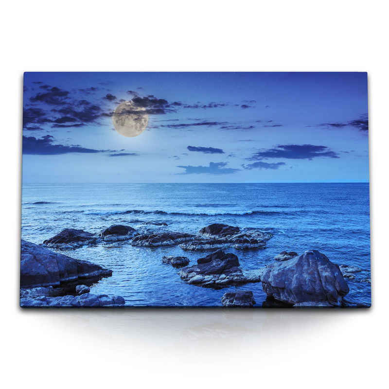 Sinus Art Leinwandbild 120x80cm Wandbild auf Leinwand Vollmond Meer Blau Dunkelblau Felsen Ho, (1 St)