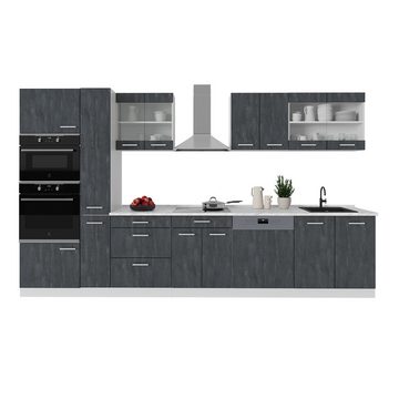 Livinity® Küchenzeile R-Line, Schwarz Beton/Weiß, 350 cm AP Marmor