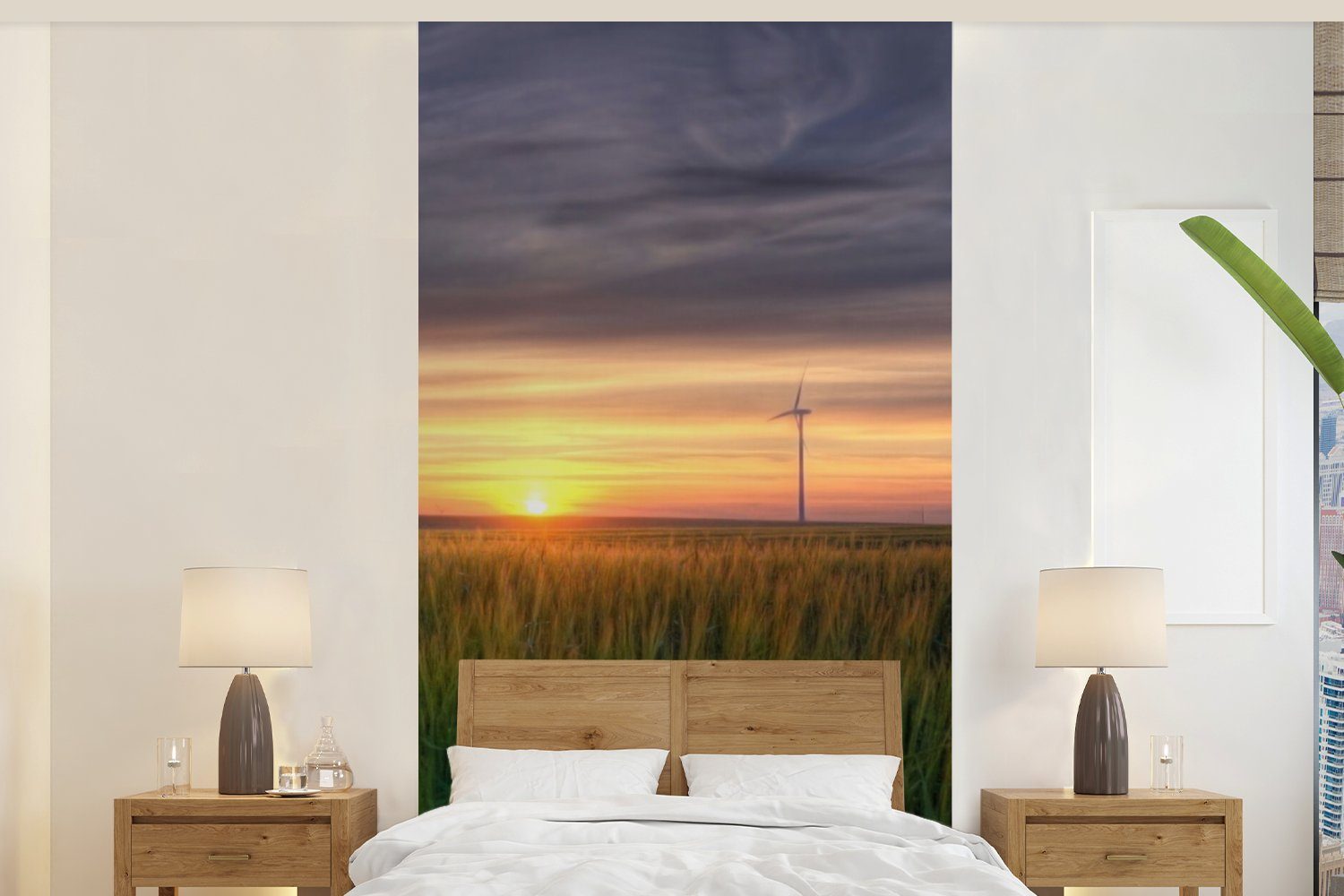 MuchoWow Fototapete Windmühle - Sonne - Gras, Matt, bedruckt, (2 St), Vliestapete für Wohnzimmer Schlafzimmer Küche, Fototapete