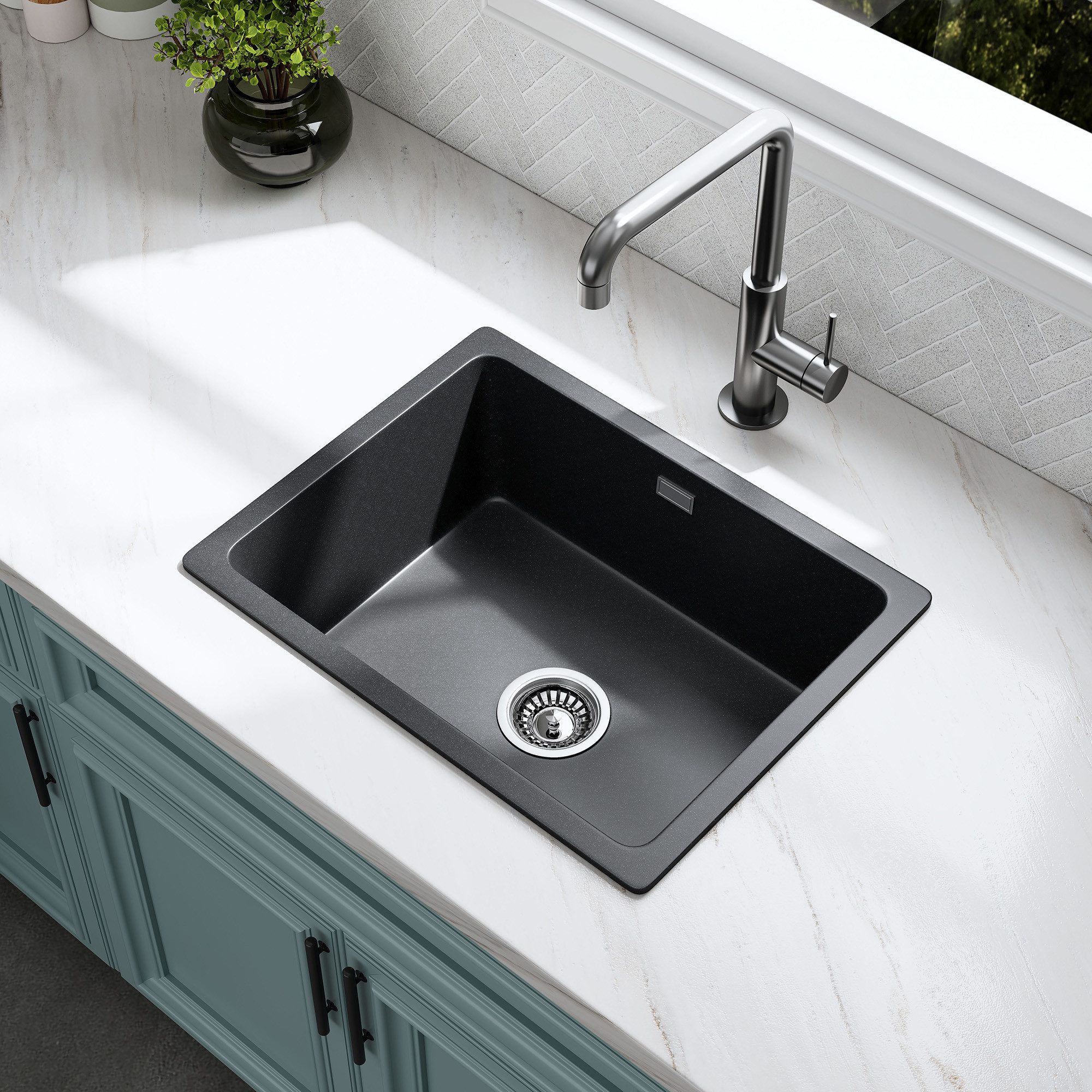 HOROW Granitspüle Küchenspüle aus Granit Einbauspüle Spülbecken 56x43cm, Eckig, 56/43 cm, aus Granit, Komplett-Set,einbau Spülbecken, (Granit Siphon), mit Siphon Ab- und Überlaufgarnitur
