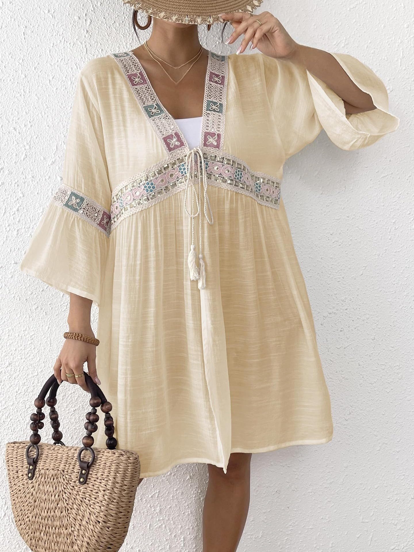 MOPUEA Strandkleid Kimono Strand Cardigan Bikini Cover Up Damen Swim Cover Ups (Boho Beach Beachwear Kimono Cardigan Strand Damen Lang Sommer, 1-tlg., Floral gehäkelte Strandbluse, V-Ausschnitt Transparent) Sommer Cardigans für Damen, Zum Binden Vorne, Strand Überwurf, Cape
