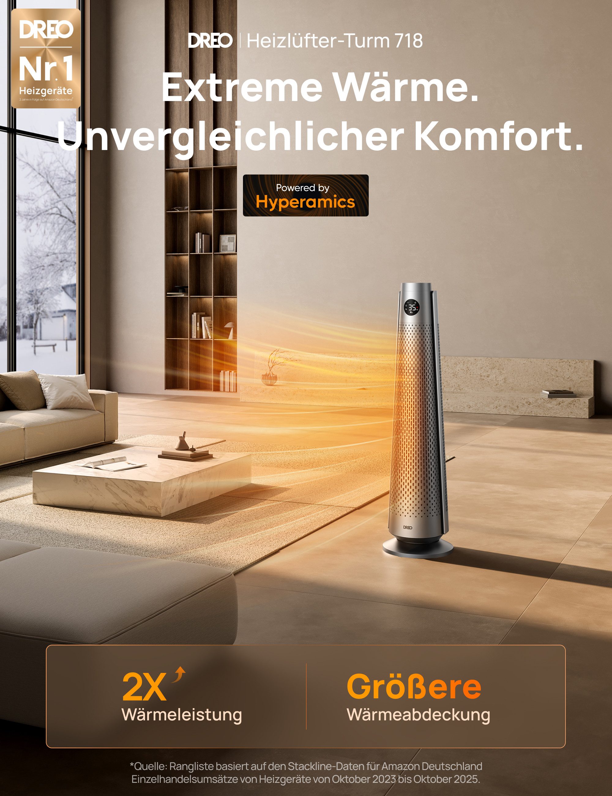 Dreo Heizlüfter 2000W Elektrische Heizung, Fernbedienung, 25 dB, 7-facher Schutz, Energiesparendes ECO-Modus, Thermostat, Überhitzungs- & Kippschutz