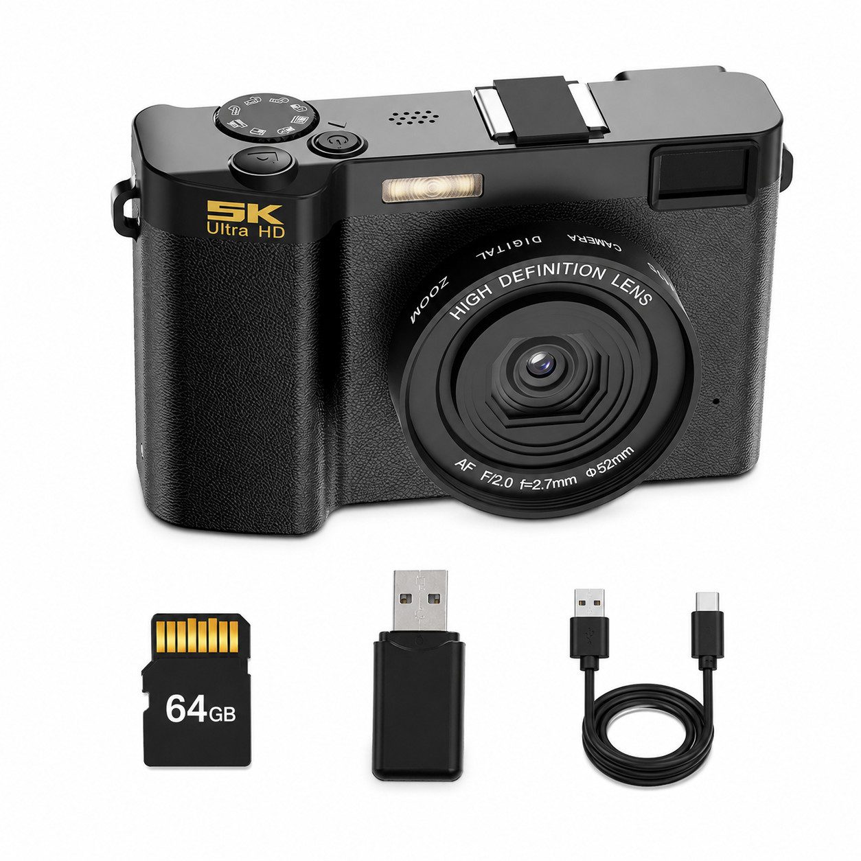 Tekoo Digitalkamera 5K 64MP, Vlogging Kamera, inkl. 64GB Micro-SD, Schwarz Kompaktkamera (Hinteres Hauptobjektiv, Vorderes Selfie-Objektiv, 64 MP, 1x opt. Zoom, WLAN (WiFi), inkl. Inklusive 64GB Micro-SD-Karte, USB-C Kabel und Kartenleser, WiFi-Konnektivität mit App-Steuerung)