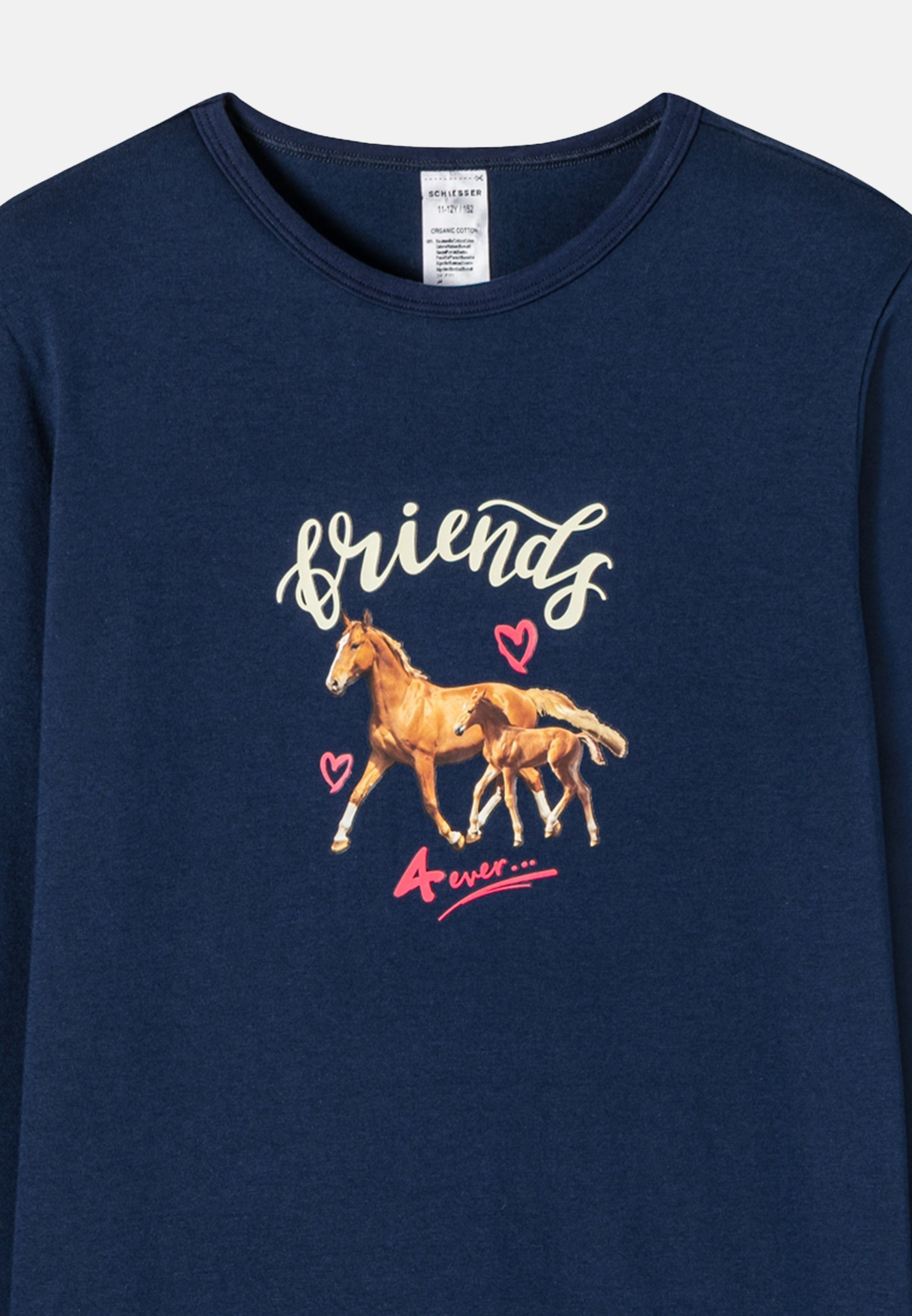 Dunkelblau World Cotton Rundhalsausschnitt Organic - Horse eingefasstem - (1-tlg) Nachthemd Mit Nachthemd Schiesser Baumwolle