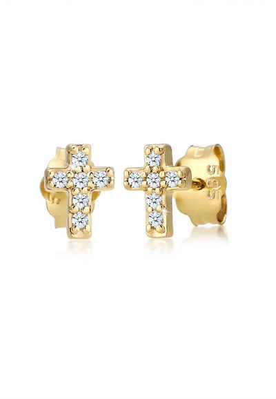 Elli DIAMONDS Paar Ohrstecker Kreuz Religion Diamant (0.06 ct) 585er Gelbgold