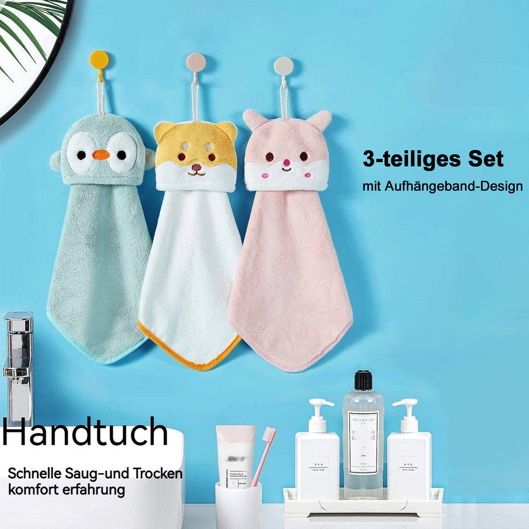 Mutig Handtücher 3 Stück Handtuch Hängendes Küchenhandtuch Süßer Tier Waschlappen, (wasserabsorbierend, Korallensamt, Handtuch, zum Aufhängen saugfähiger), für Küchen und Badezimmer Wohnzimmer Kinder und Erwachsene