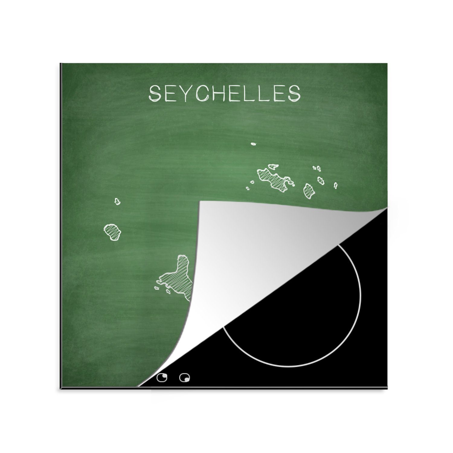 MuchoWow Herdblende-/Abdeckplatte Illustration der Seychellen auf einer Kreidetafel, Vinyl, (1 tlg), 78x78 cm, Ceranfeldabdeckung, Arbeitsplatte für küche