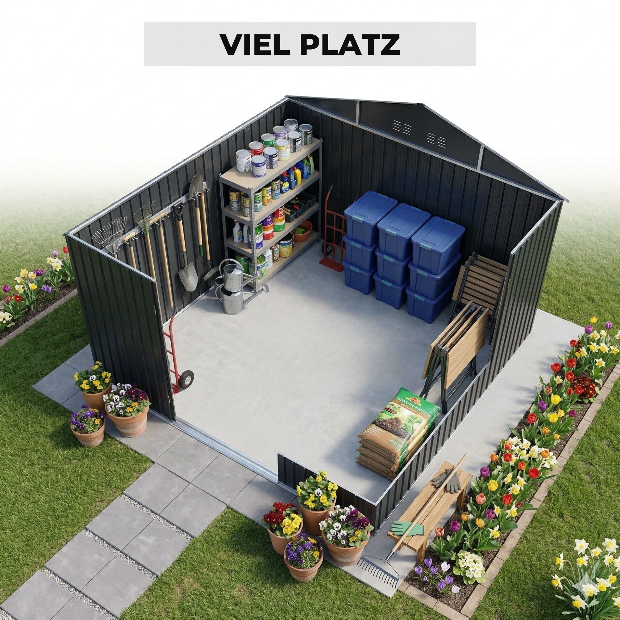 Albatros International Gerätehaus Gerätehaus 5XL abschließbar inkl. Schloss & Haken, Gartenhaus, BxT: 339.6x375.3 cm, (Anthrazit (RAL 7016), 339,6x375,3x199,6cm), aus verzinktem wetterfestem Metall